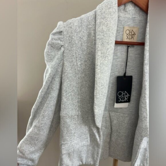 Chaser Heather Grey Puff Sleeve Open Sweatshirt  Blazer XS Cotton BNWT Jacket - Picture 6 of 7